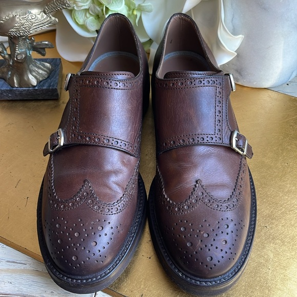 Brunello Cucinelli Brogue Wingtip Double Monk Strap Loafers in Brown Leather - Picture 1 of 16
